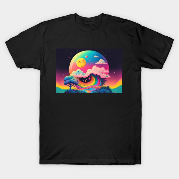 Island of Dreamlike Wonder's Rainbow Half Pipe Forest - Psychedelic Landscape - Paint Dripping 3D Illustration - Colorful Haunted Nature Scene T-Shirt by JensenArtCo